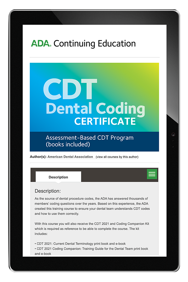 CDT Dental Coding Certificate course displayed on a tablet