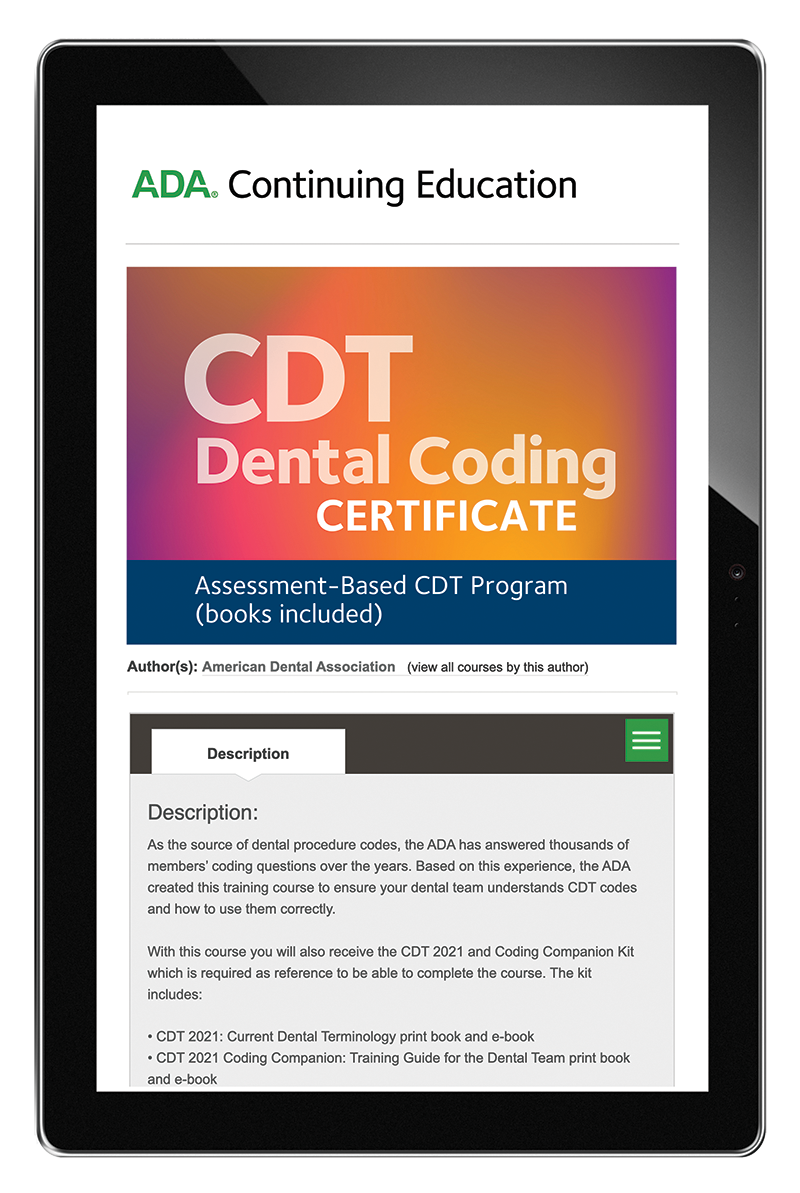 CDT Dental Coding Certificate course displayed on a tablet